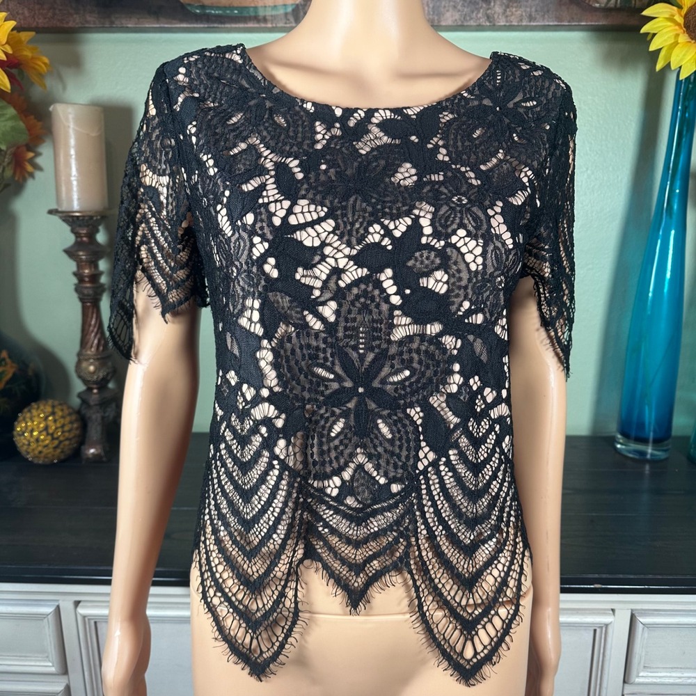 Express Black Lace Blouse Floral Scalloped Hem Romantic Goth Sheer Party Top